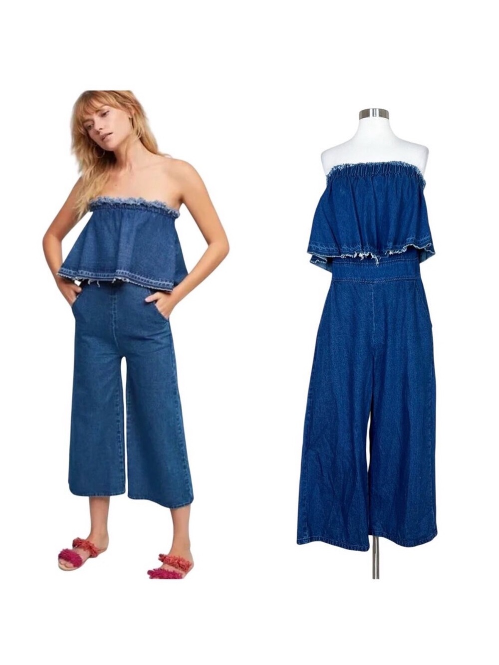 Anthropologie JOA Clothing Denim Strapless Wide-Leg Jumpsuit -Medium